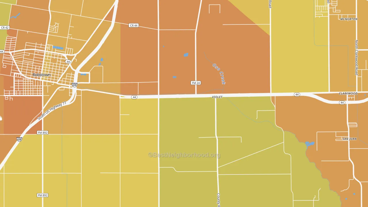 Map of the best neighborhoods in the Violet area, with better matches in green and worse matches in red