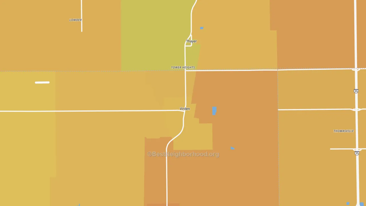 Map of the best neighborhoods in the Virden area, with better matches in green and worse matches in red