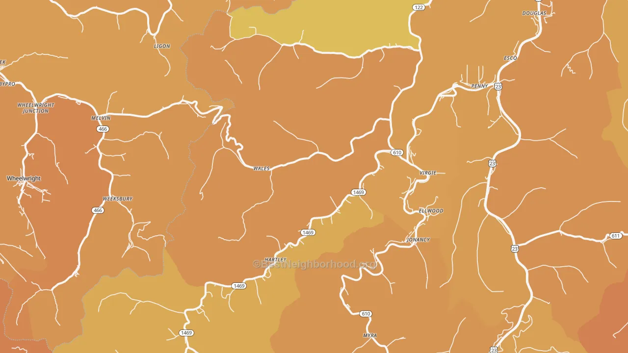 Map of the best neighborhoods in the Virgie area, with better matches in green and worse matches in red