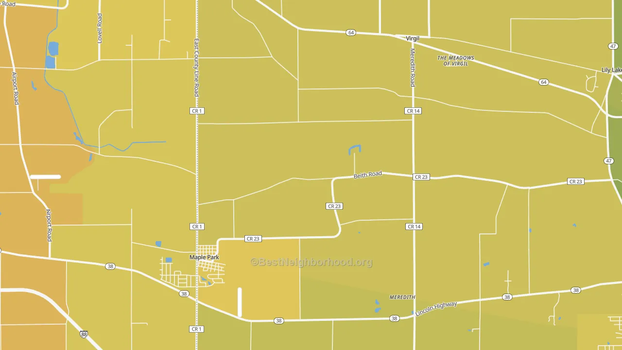 Map of the best neighborhoods in the Virgil area, with better matches in green and worse matches in red