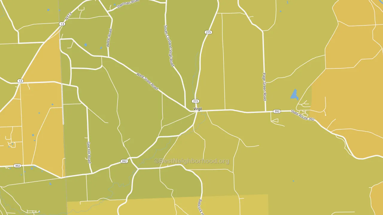 Map of the best neighborhoods in the Virgil area, with better matches in green and worse matches in red