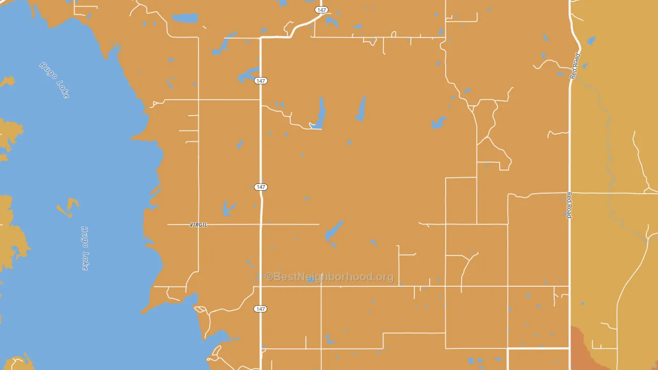 Map of the best neighborhoods in the Virgil area, with better matches in green and worse matches in red