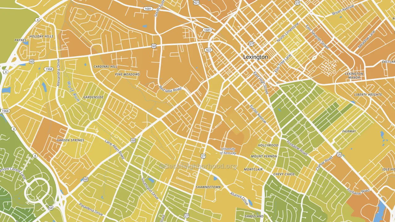 Map of the best neighborhoods in the Virginia Ave, Lexington area, with better matches in green and worse matches in red