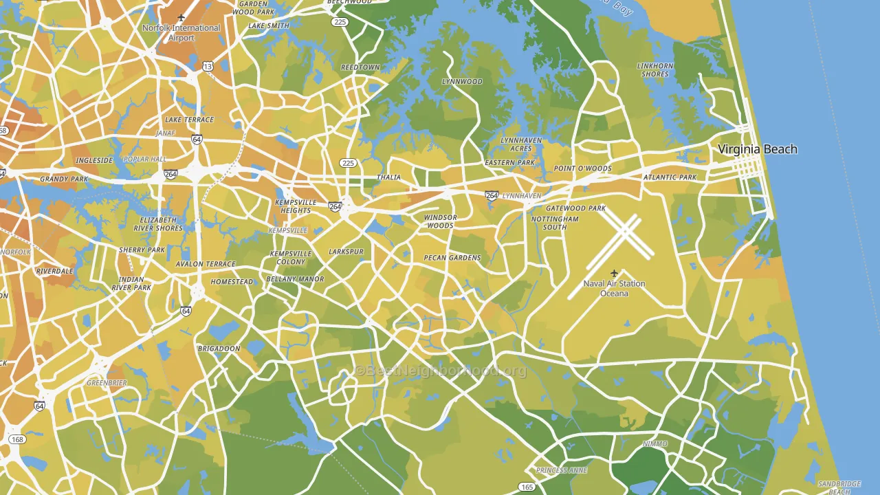 Map of the best neighborhoods in the Virginia Beach City area, with better matches in green and worse matches in red
