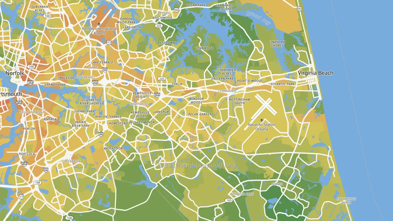Map of the best neighborhoods in the Virginia Beach Metro area, with better matches in green and worse matches in red