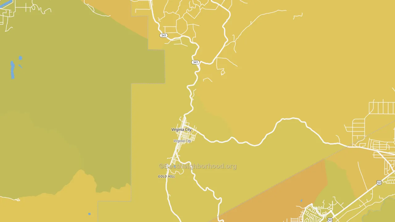 Map of the best neighborhoods in the Virginia City area, with better matches in green and worse matches in red