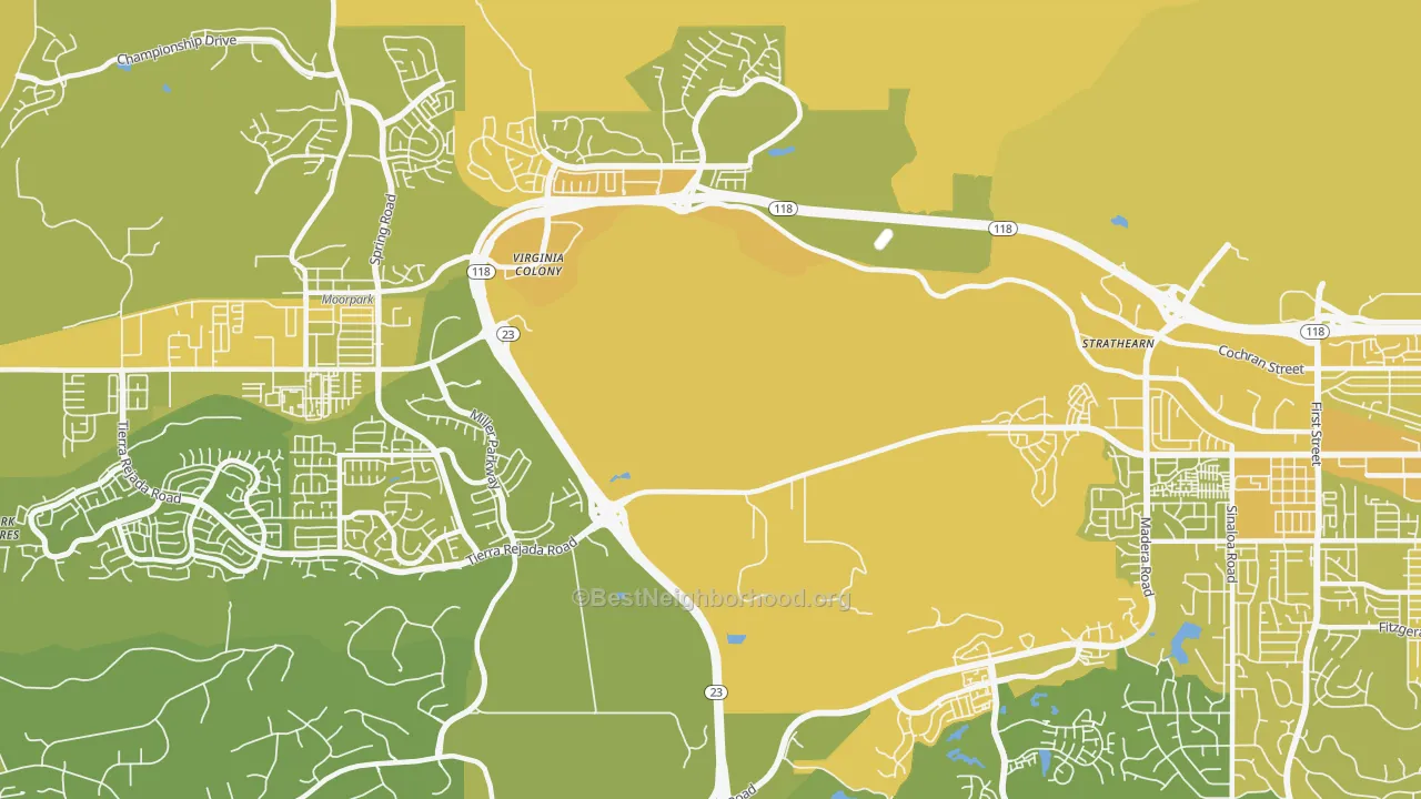 Map of the best neighborhoods in the Virginia Colony area, with better matches in green and worse matches in red