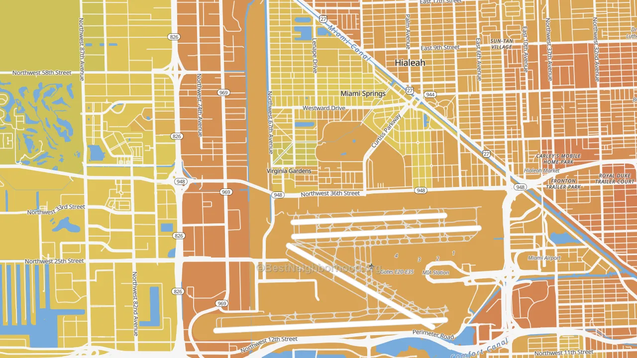 Map of the best neighborhoods in the Virginia Gardens area, with better matches in green and worse matches in red