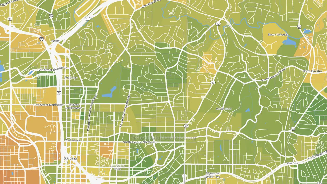 Map of the best neighborhoods in the Virginia-Highland, Atlanta area, with better matches in green and worse matches in red