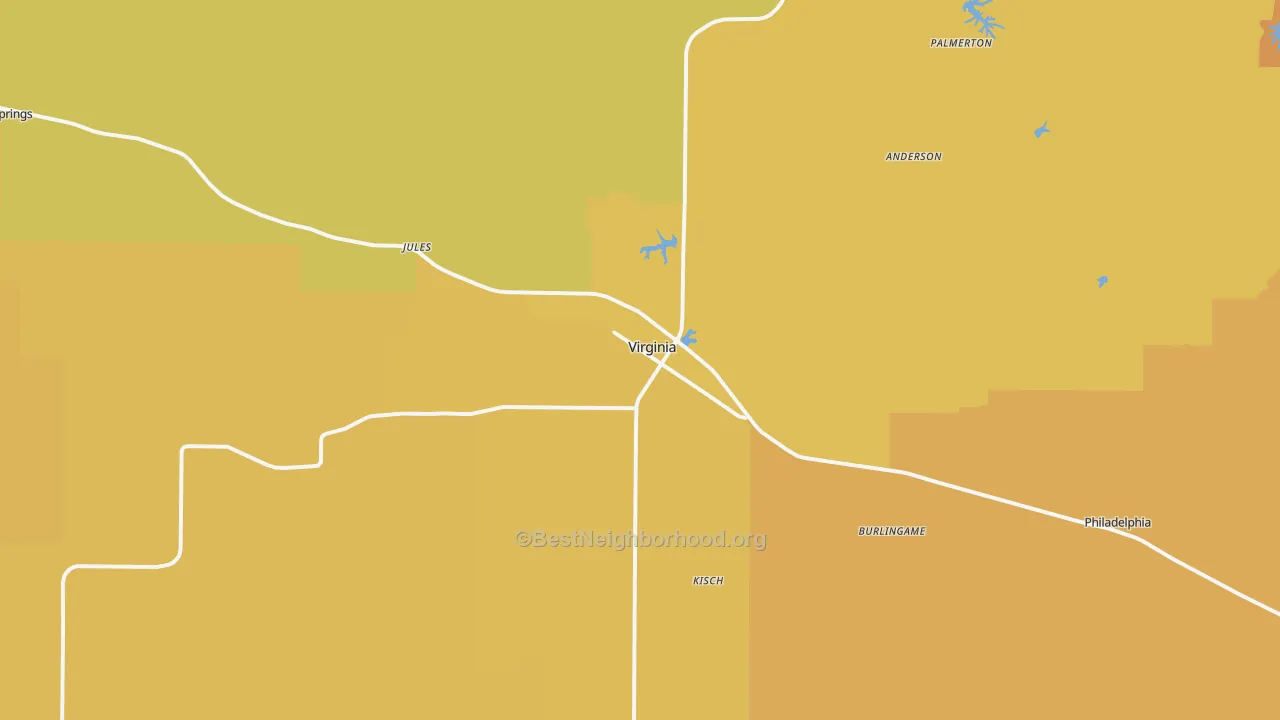 Map of the best neighborhoods in the Virginia area, with better matches in green and worse matches in red