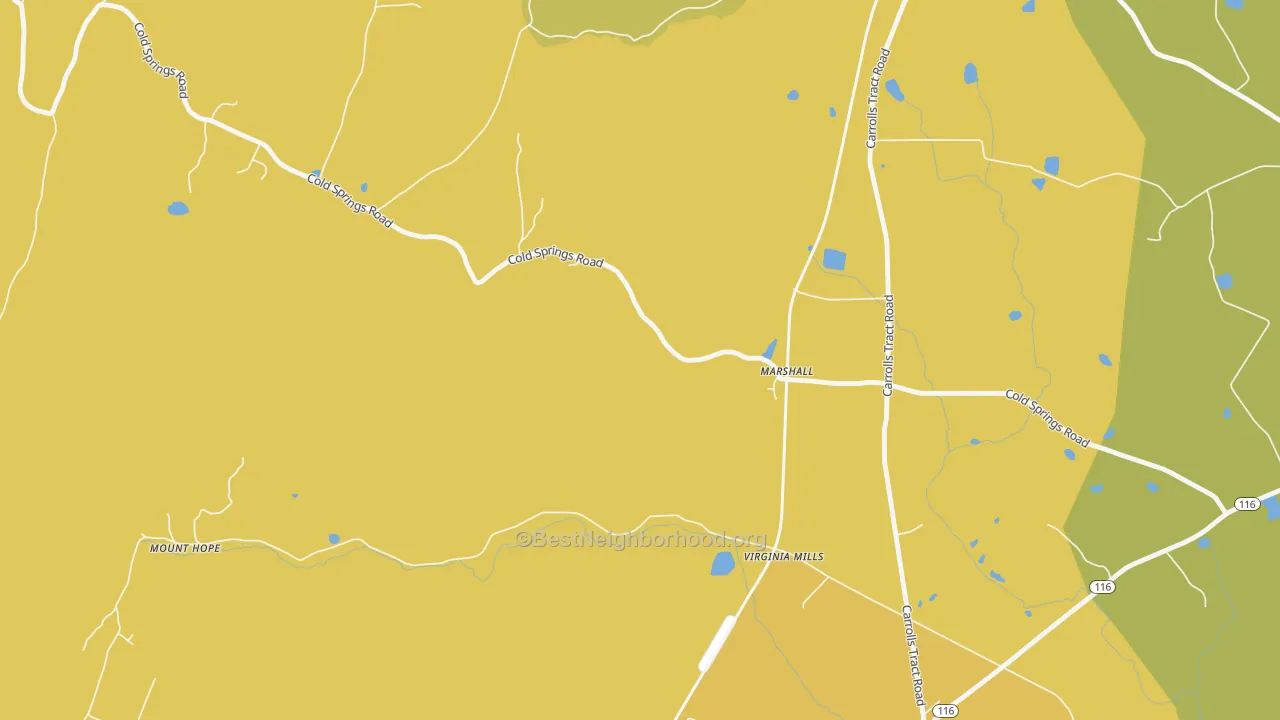 Map of the best neighborhoods in the Virginia Mills area, with better matches in green and worse matches in red
