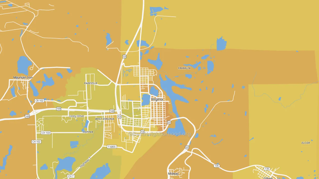 Map of the best neighborhoods in the Virginia area, with better matches in green and worse matches in red