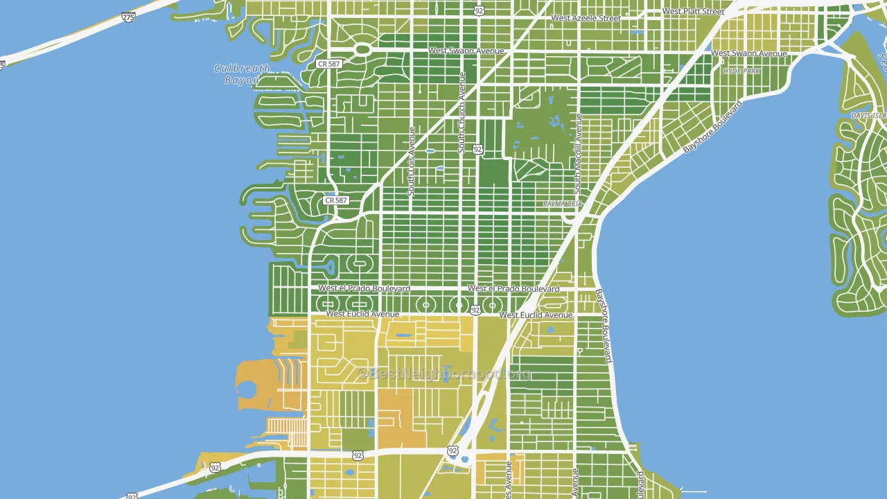 Map of the best neighborhoods in the Virginia Park, Tampa area, with better matches in green and worse matches in red