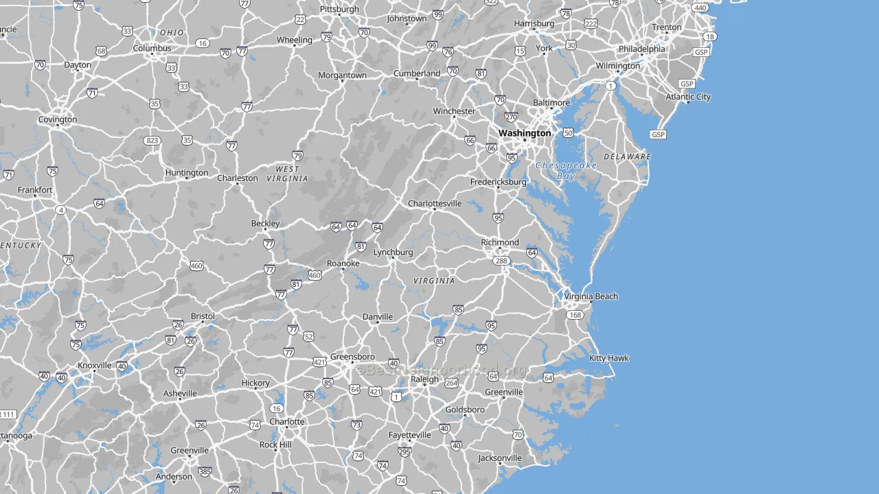 Map of the best neighborhoods in the Virginia area, with better matches in green and worse matches in red