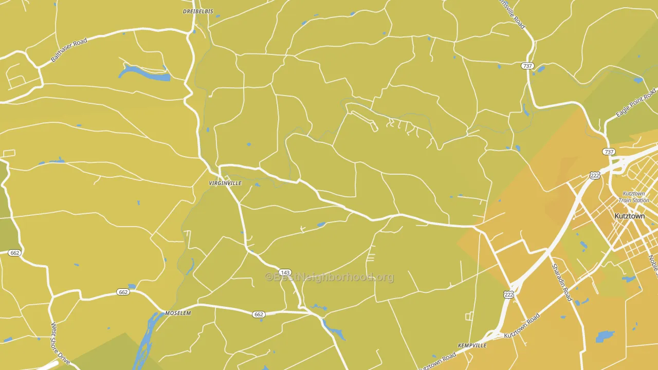 Map of the best neighborhoods in the Virginville area, with better matches in green and worse matches in red