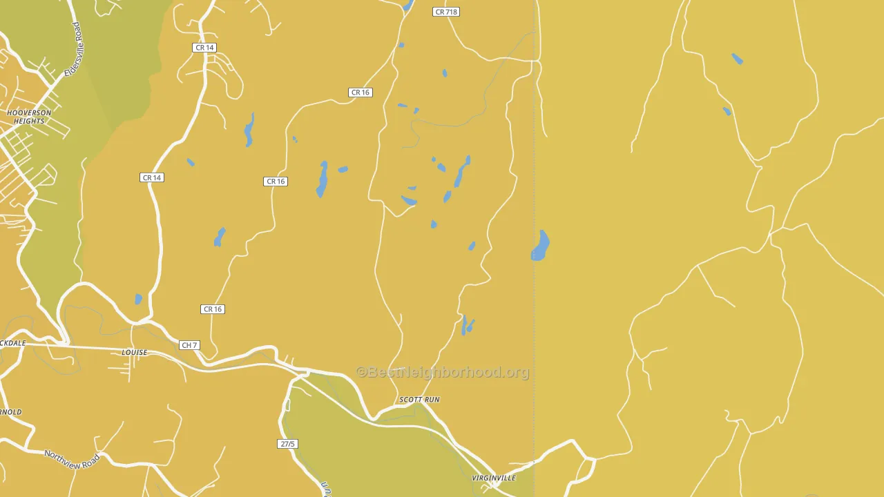 Map of the best neighborhoods in the Virginville area, with better matches in green and worse matches in red