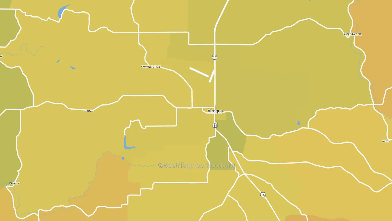 Map of the best neighborhoods in the Viroqua area, with better matches in green and worse matches in red