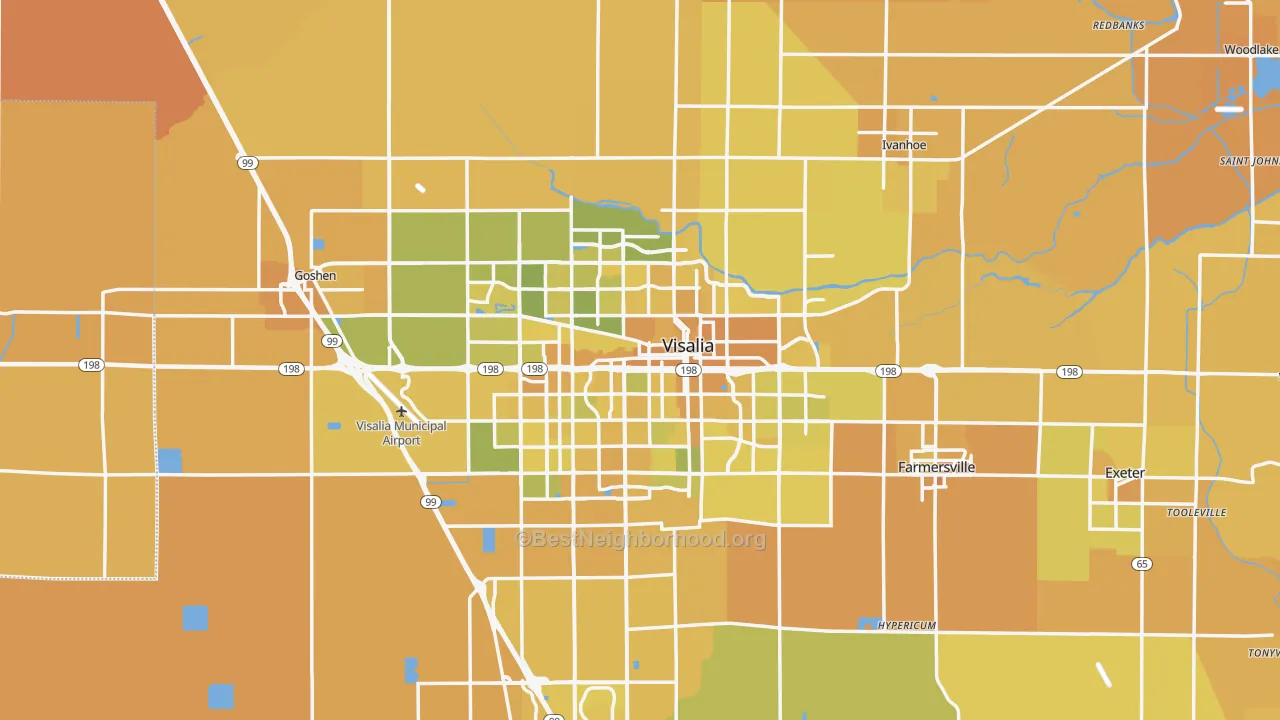 Map of the best neighborhoods in the Visalia Metro area, with better matches in green and worse matches in red