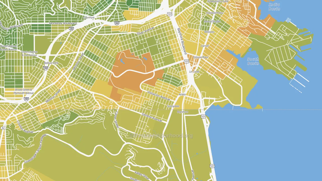 Map of the best neighborhoods in the Visitacion Valley, San Francisco area, with better matches in green and worse matches in red
