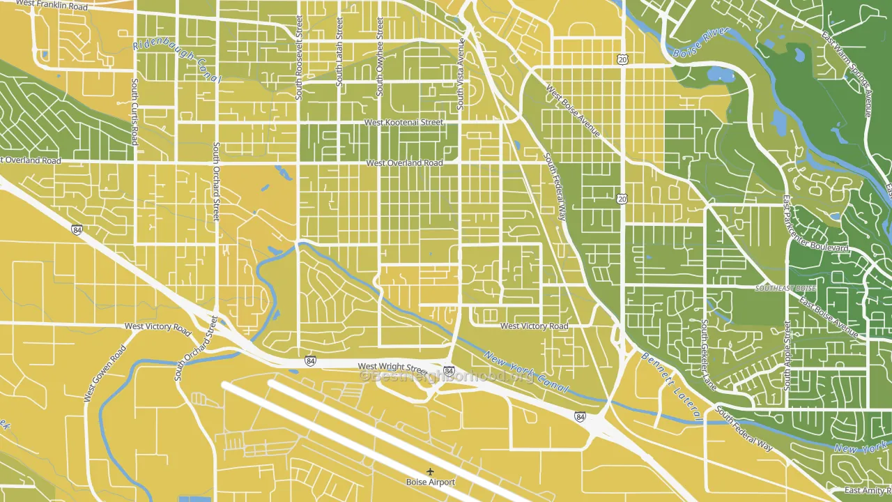 Map of the best neighborhoods in the Vista, Boise area, with better matches in green and worse matches in red