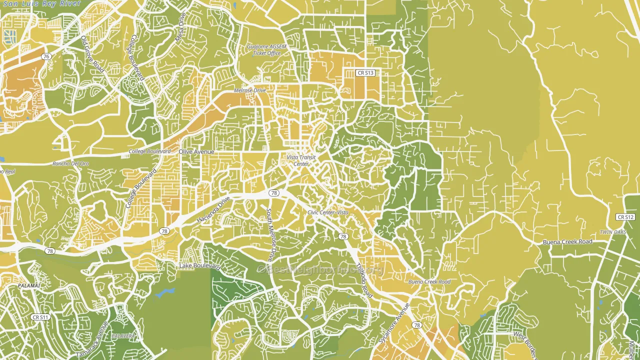 Map of the best neighborhoods in the Vista area, with better matches in green and worse matches in red