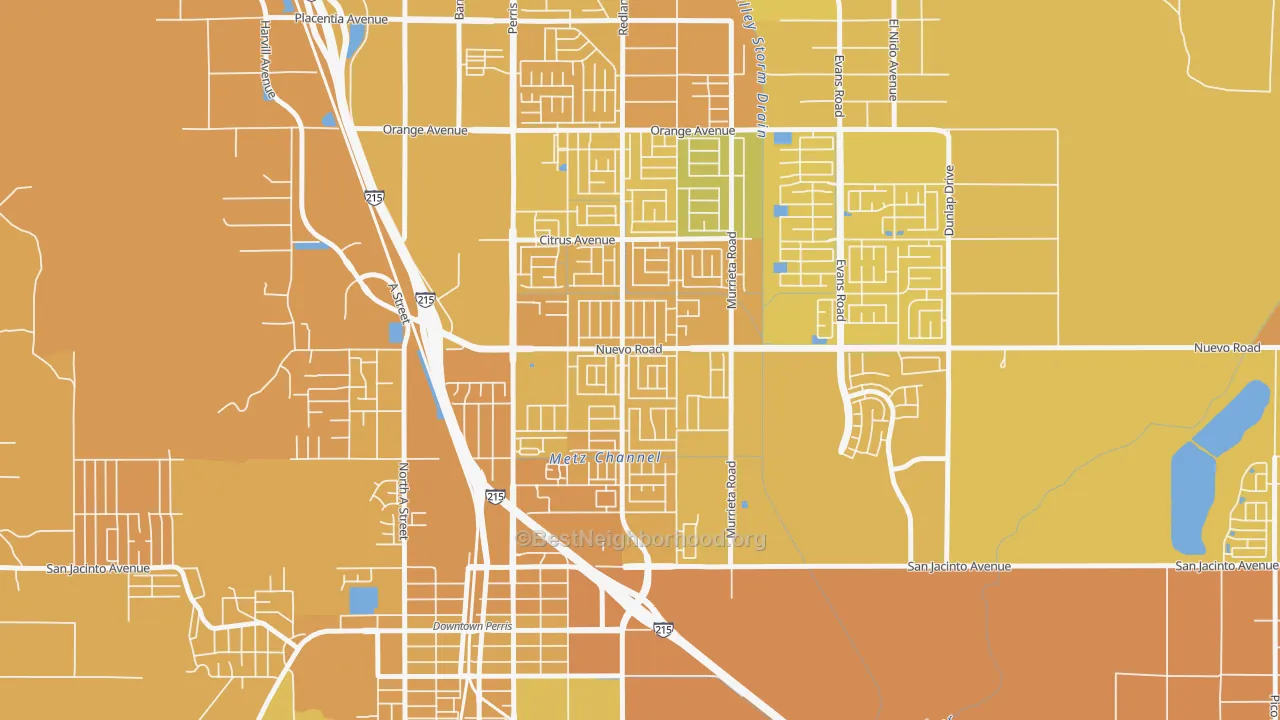 Map of the best neighborhoods in the Vista Creek, Perris area, with better matches in green and worse matches in red