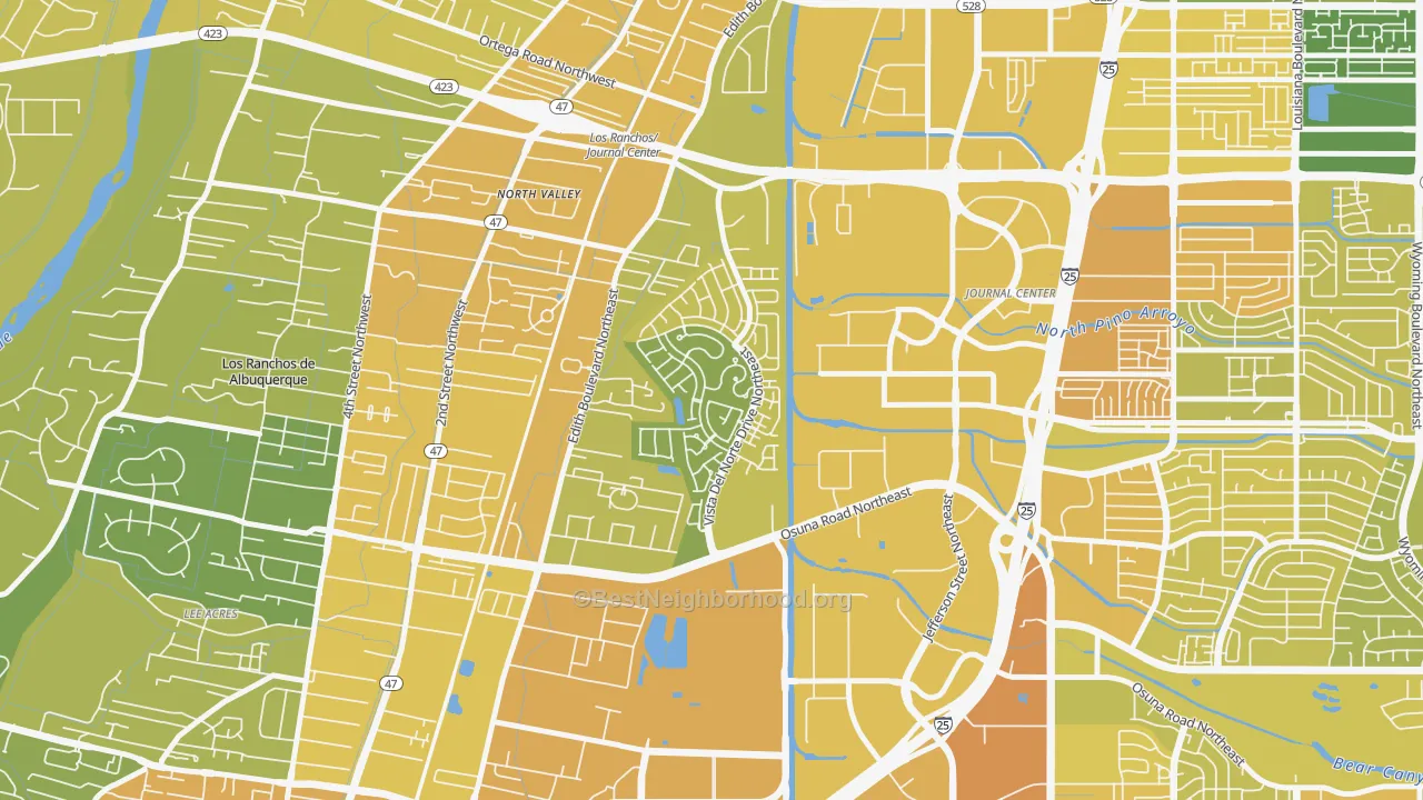 Map of the best neighborhoods in the Vista del Norte, Albuquerque area, with better matches in green and worse matches in red