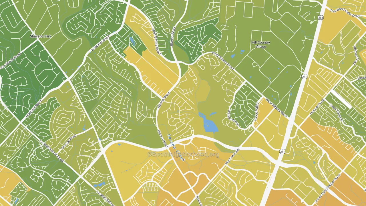 Map of the best neighborhoods in the Vista del Norte, San Antonio area, with better matches in green and worse matches in red