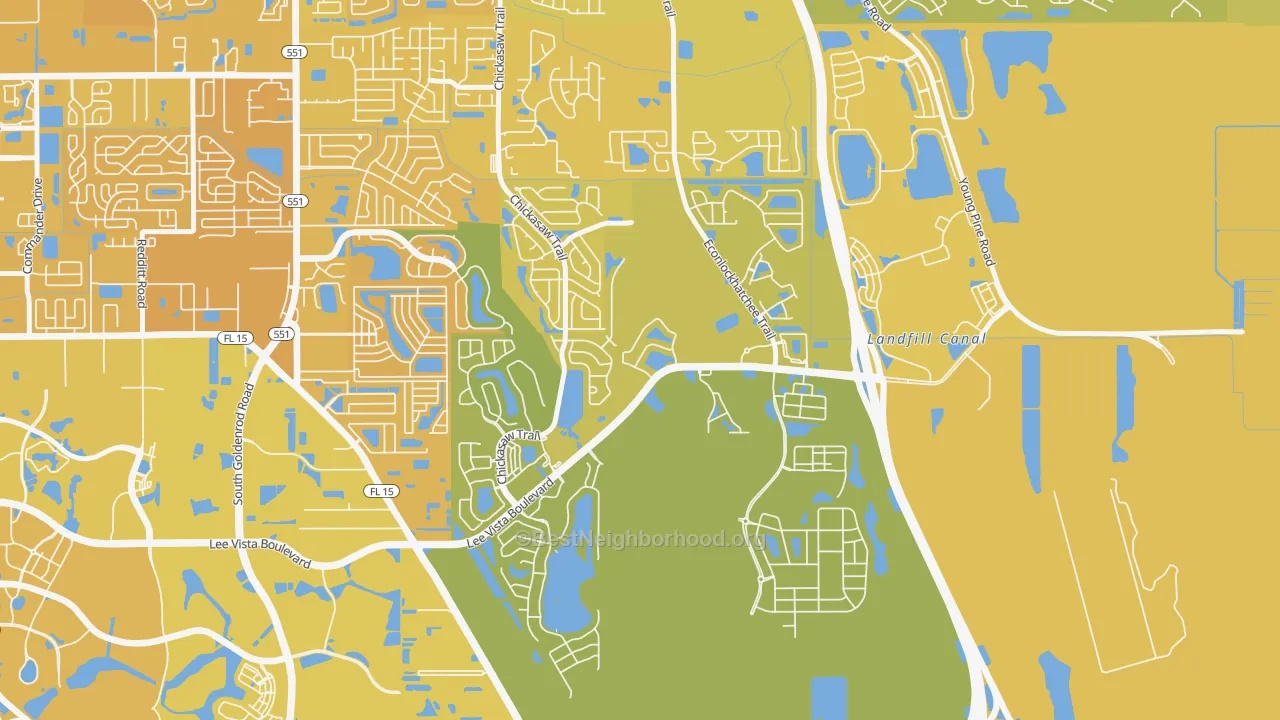 Map of the best neighborhoods in the Vista East, Orlando area, with better matches in green and worse matches in red