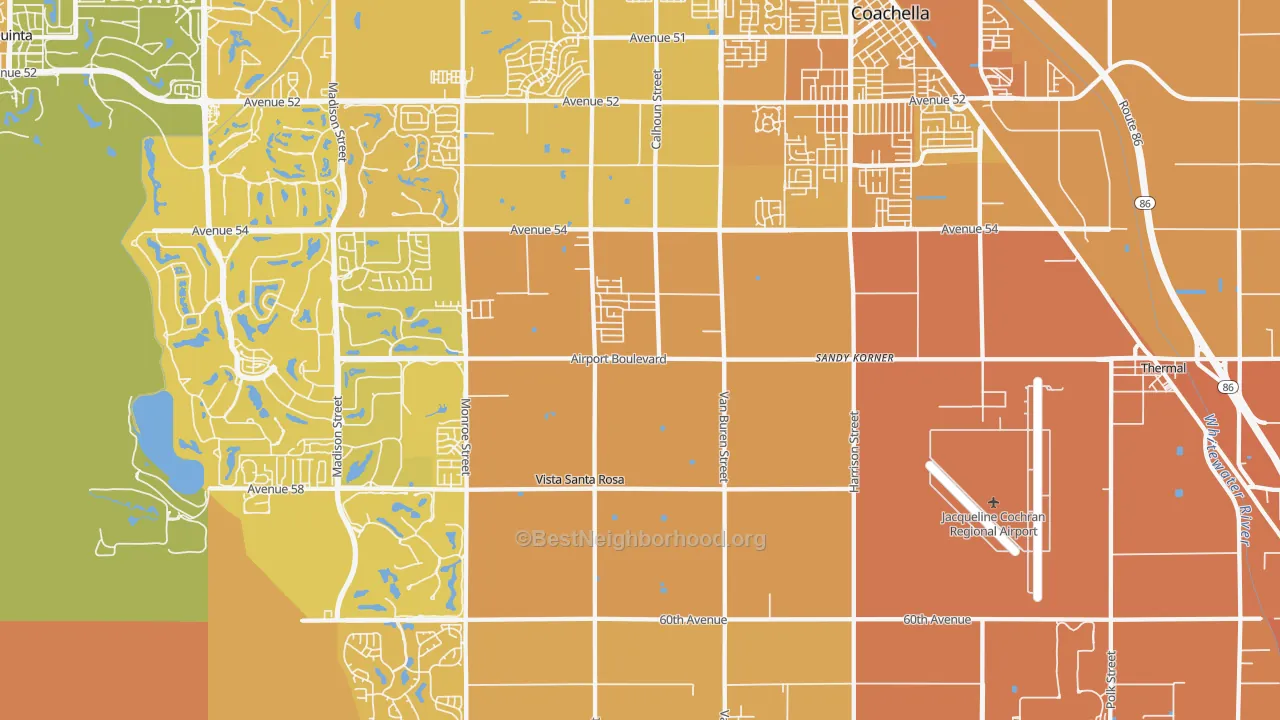 Map of the best neighborhoods in the Vista Santa Rosa area, with better matches in green and worse matches in red