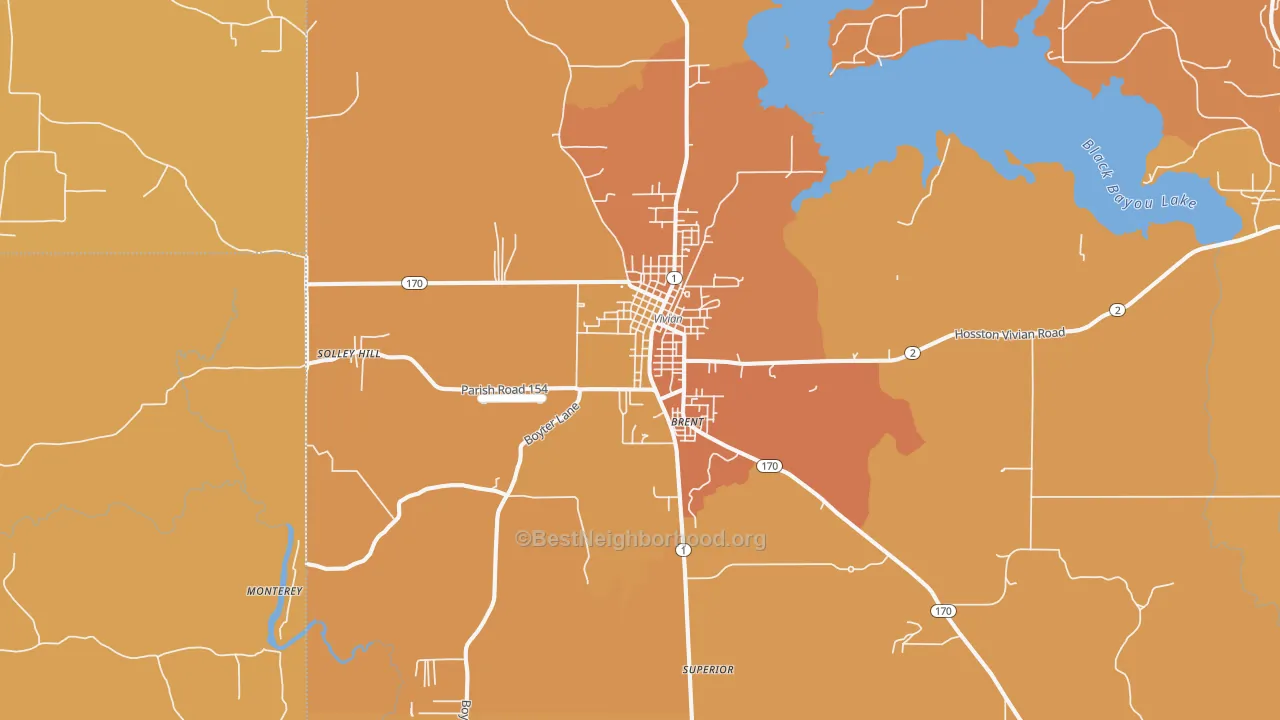 Map of the best neighborhoods in the Vivian area, with better matches in green and worse matches in red