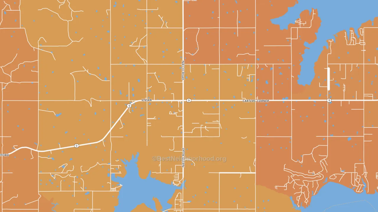 Map of the best neighborhoods in the Vivian area, with better matches in green and worse matches in red