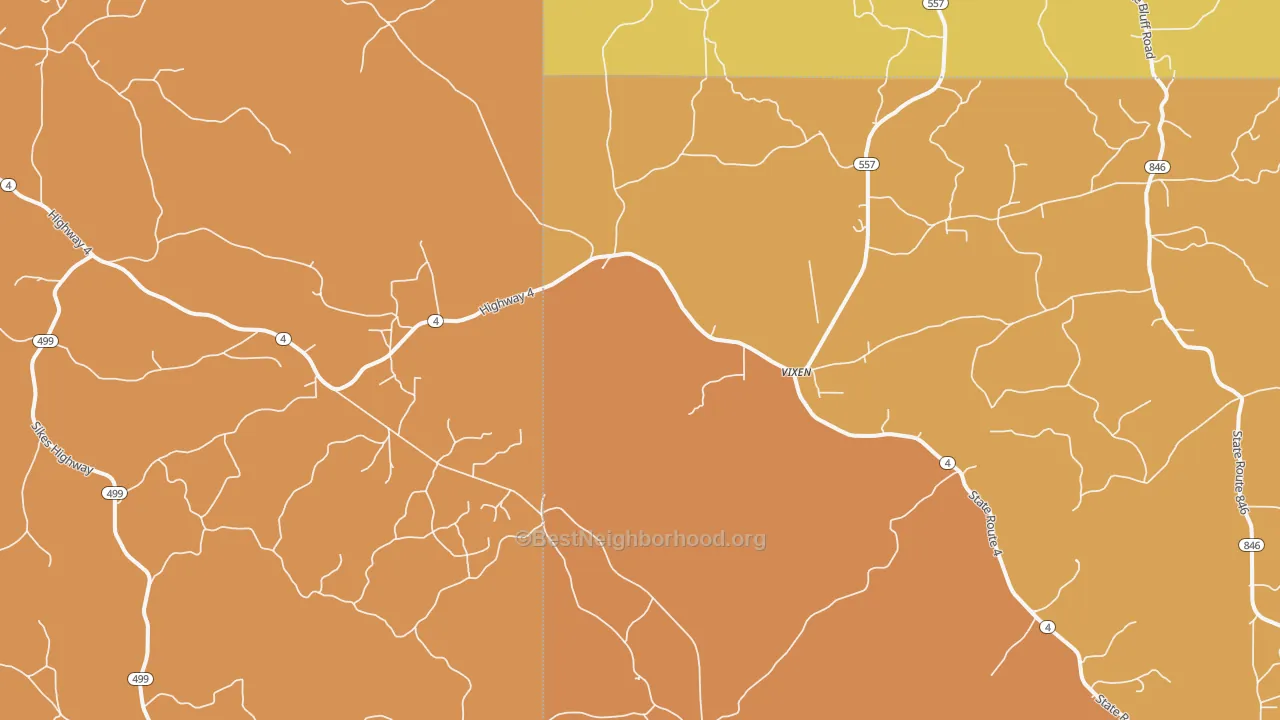 Map of the best neighborhoods in the Vixen area, with better matches in green and worse matches in red