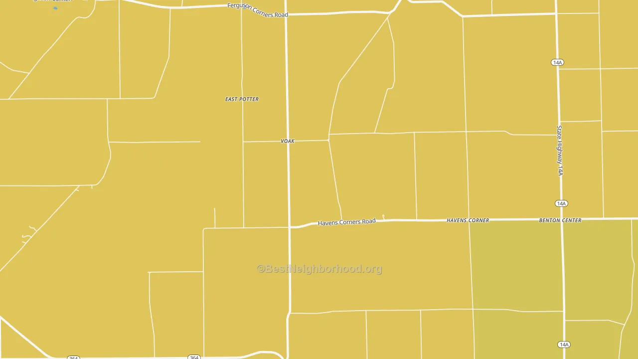 Map of the best neighborhoods in the Voak area, with better matches in green and worse matches in red