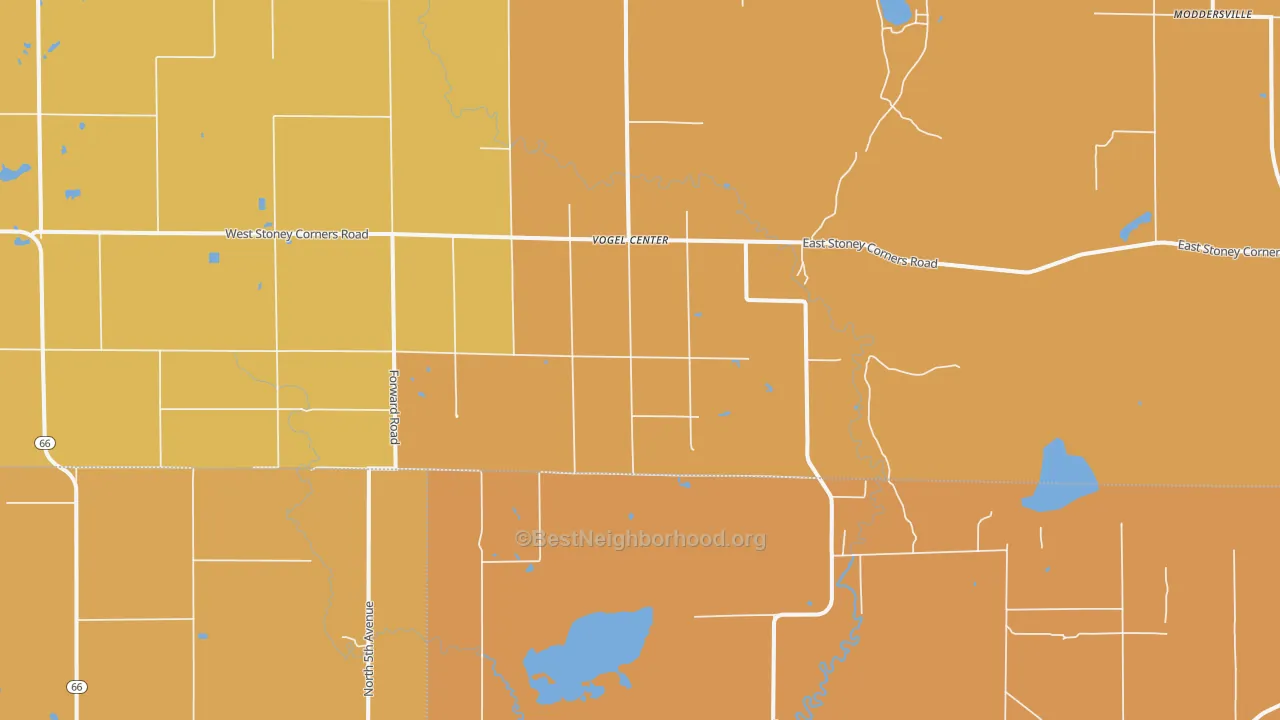 Map of the best neighborhoods in the Vogel Center area, with better matches in green and worse matches in red