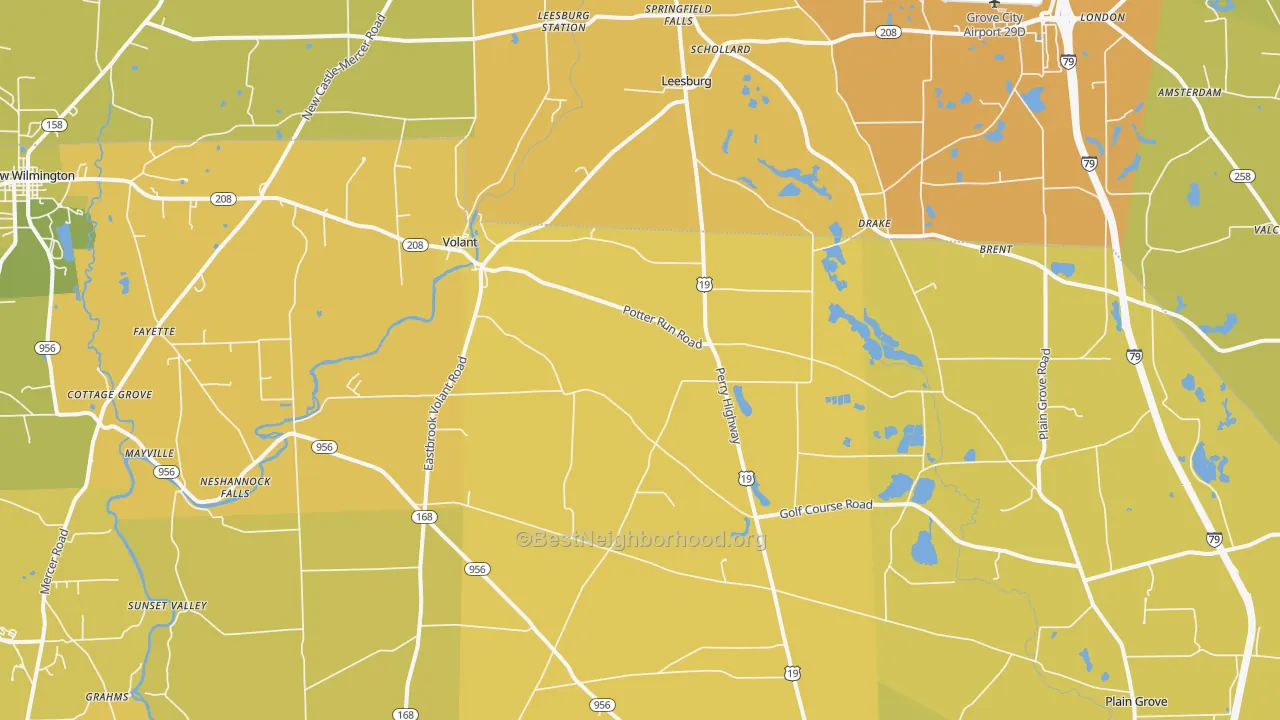 Map of the best neighborhoods in the Volant area, with better matches in green and worse matches in red