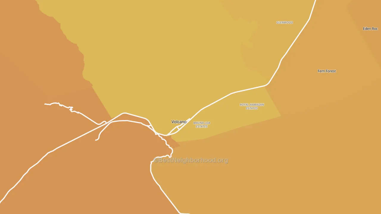 Map of the best neighborhoods in the Volcano area, with better matches in green and worse matches in red