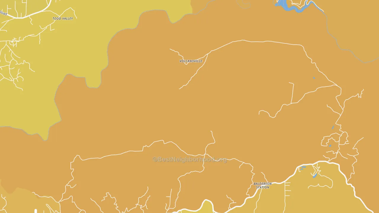 Map of the best neighborhoods in the Volcanoville area, with better matches in green and worse matches in red