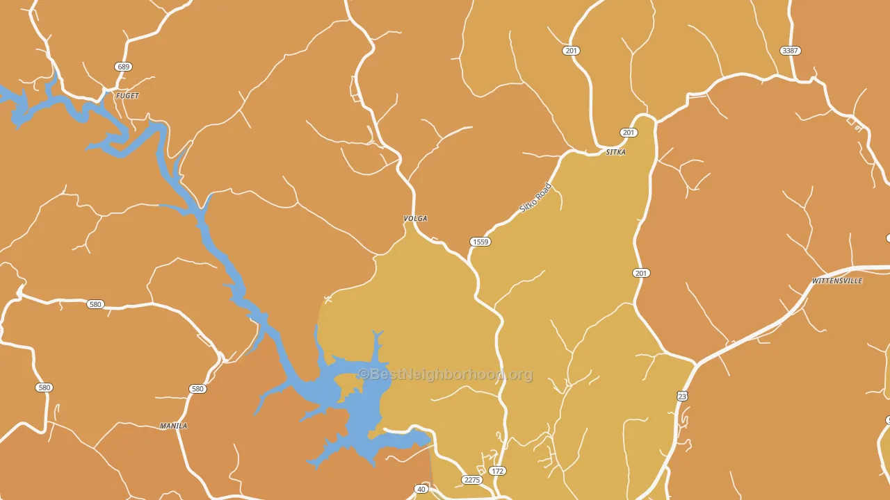 Map of the best neighborhoods in the Volga area, with better matches in green and worse matches in red