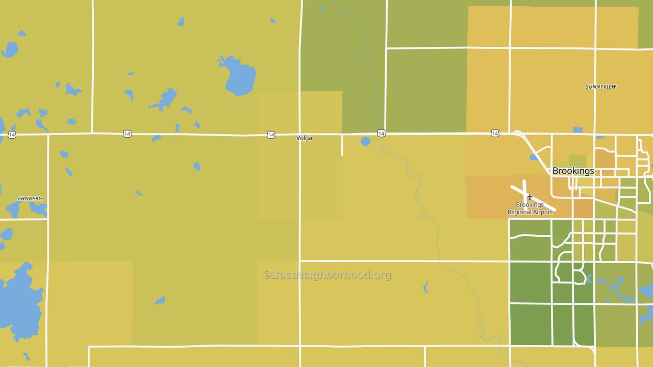 Map of the best neighborhoods in the Volga area, with better matches in green and worse matches in red