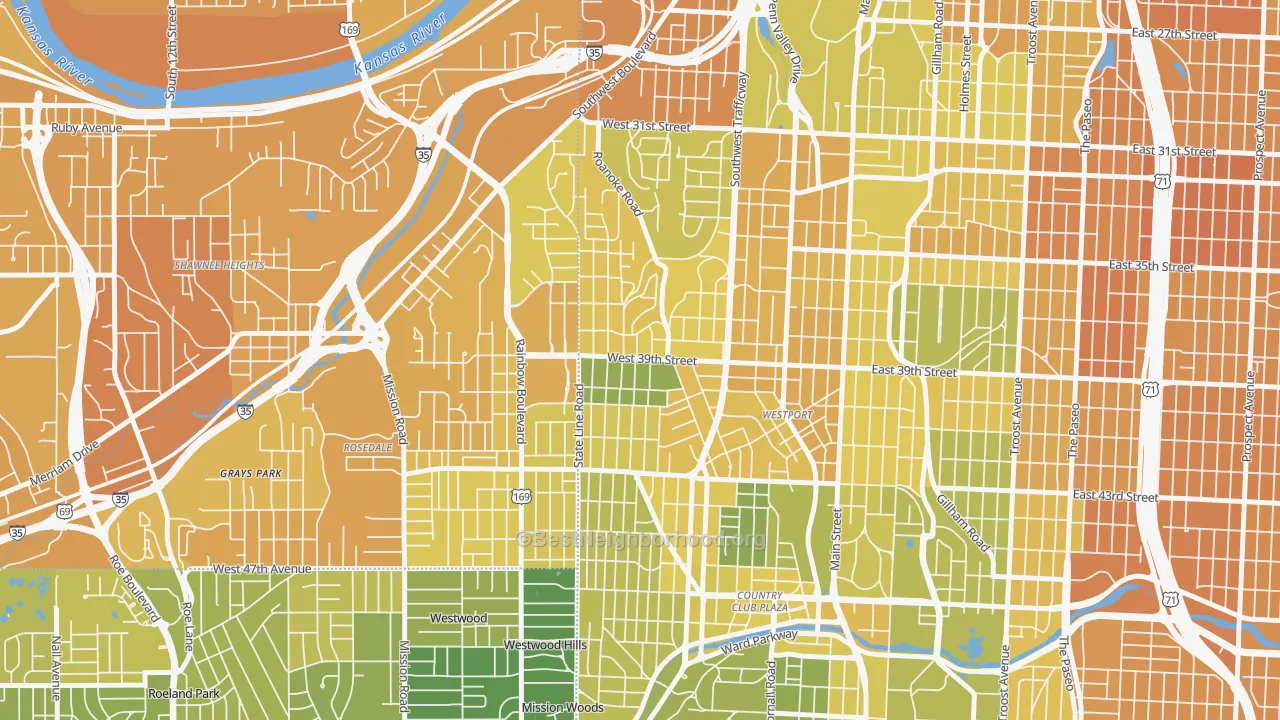 Map of the best neighborhoods in the Volker, Kansas City area, with better matches in green and worse matches in red