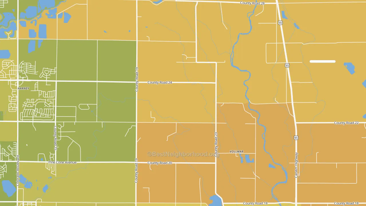 Map of the best neighborhoods in the Vollmar area, with better matches in green and worse matches in red