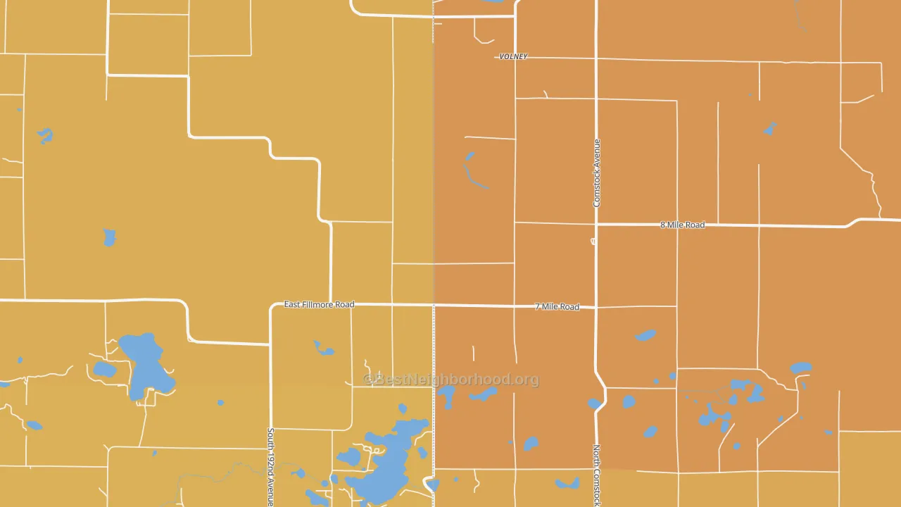 Map of the best neighborhoods in the Volney area, with better matches in green and worse matches in red