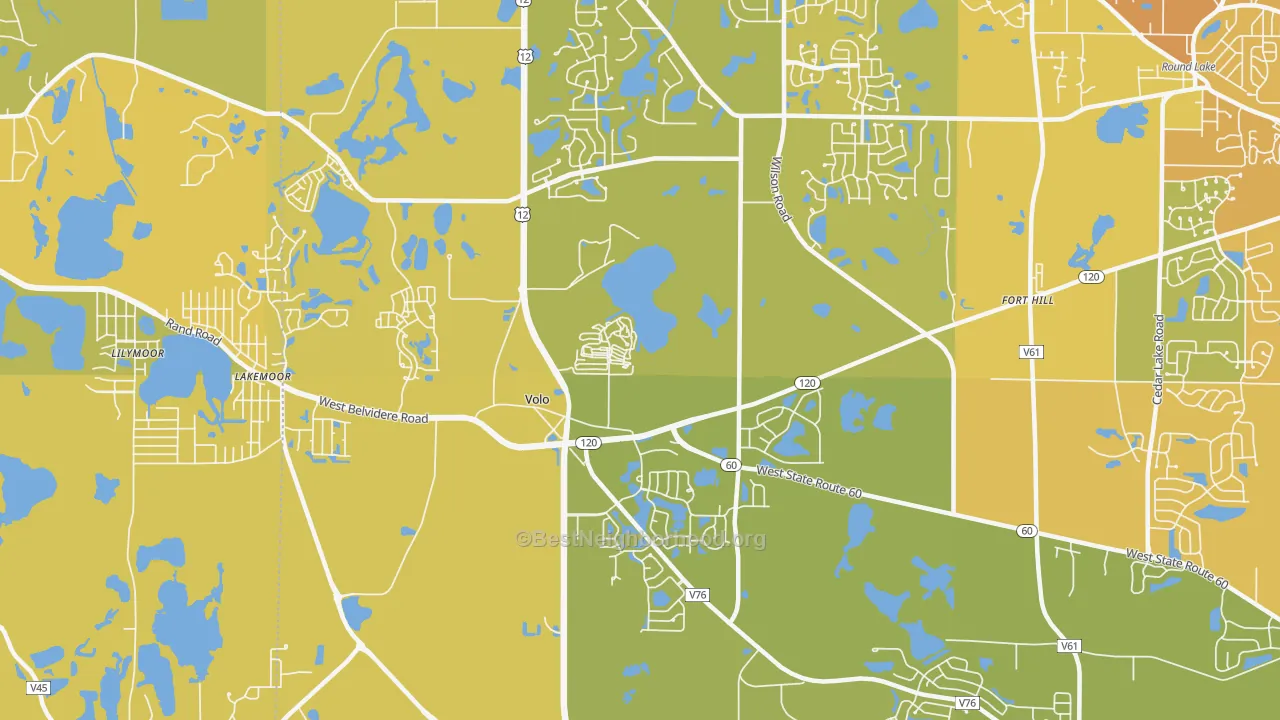 Map of the best neighborhoods in the Volo area, with better matches in green and worse matches in red