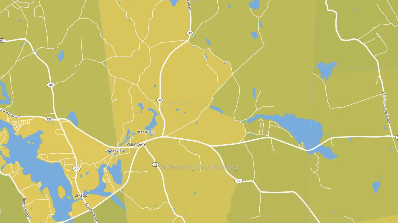 Map of the best neighborhoods in the Voluntown area, with better matches in green and worse matches in red