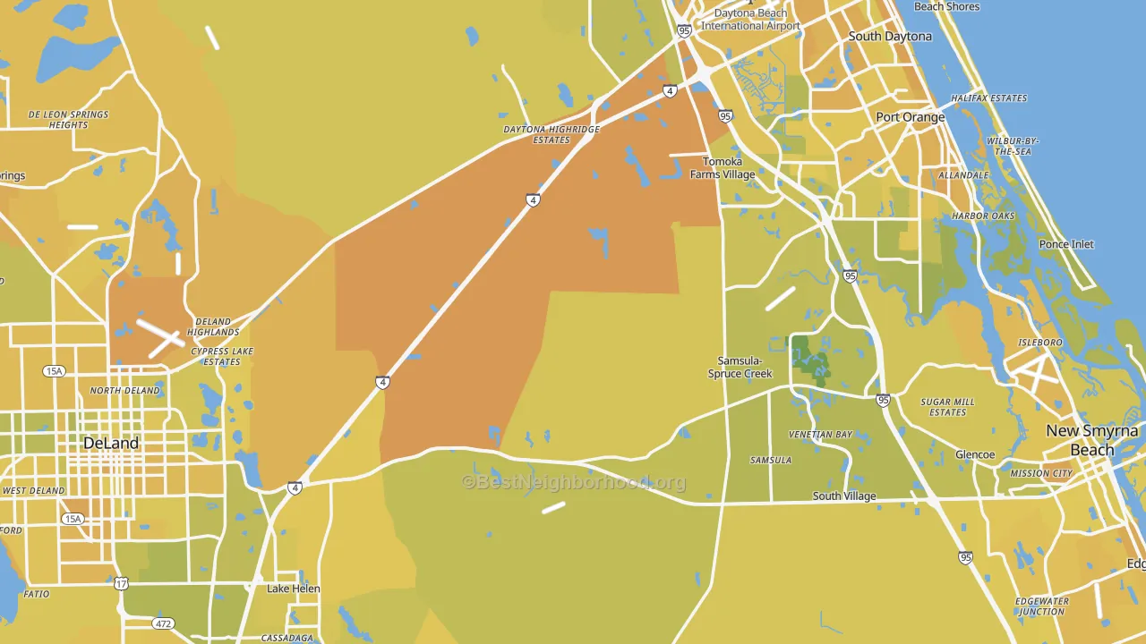 Map of the best neighborhoods in the Volusia County area, with better matches in green and worse matches in red