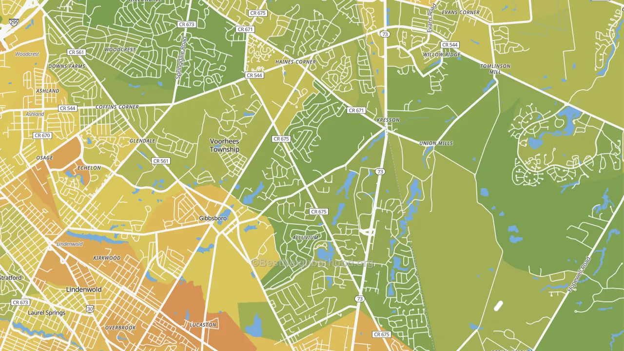 Map of the best neighborhoods in the Voorhees area, with better matches in green and worse matches in red