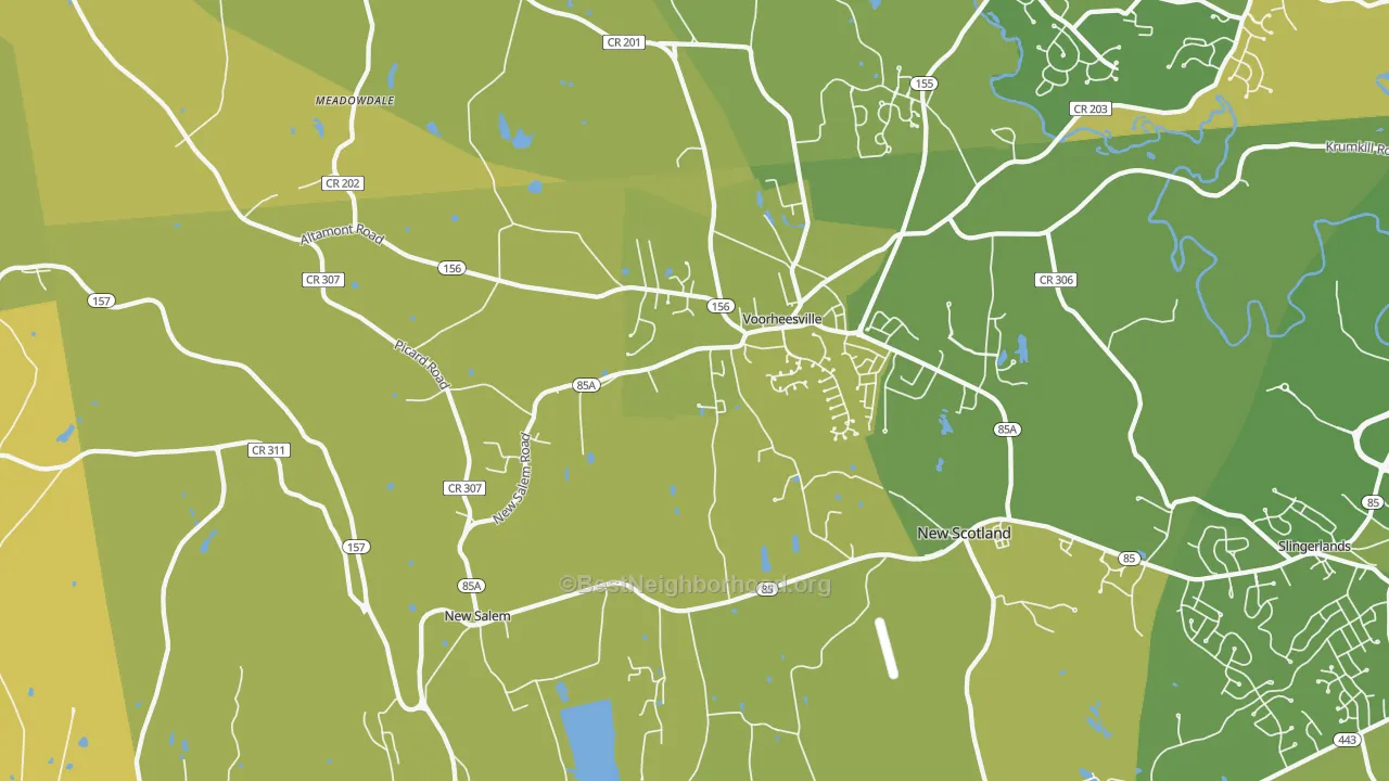 Map of the best neighborhoods in the Voorheesville area, with better matches in green and worse matches in red