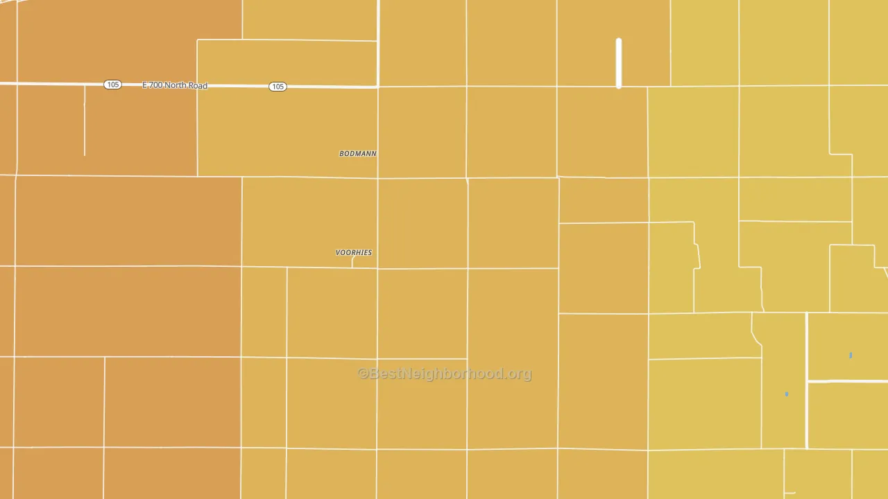 Map of the best neighborhoods in the Voorhies area, with better matches in green and worse matches in red