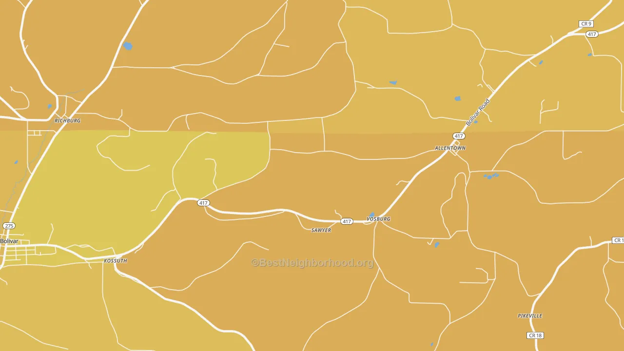 Map of the best neighborhoods in the Vosburg area, with better matches in green and worse matches in red